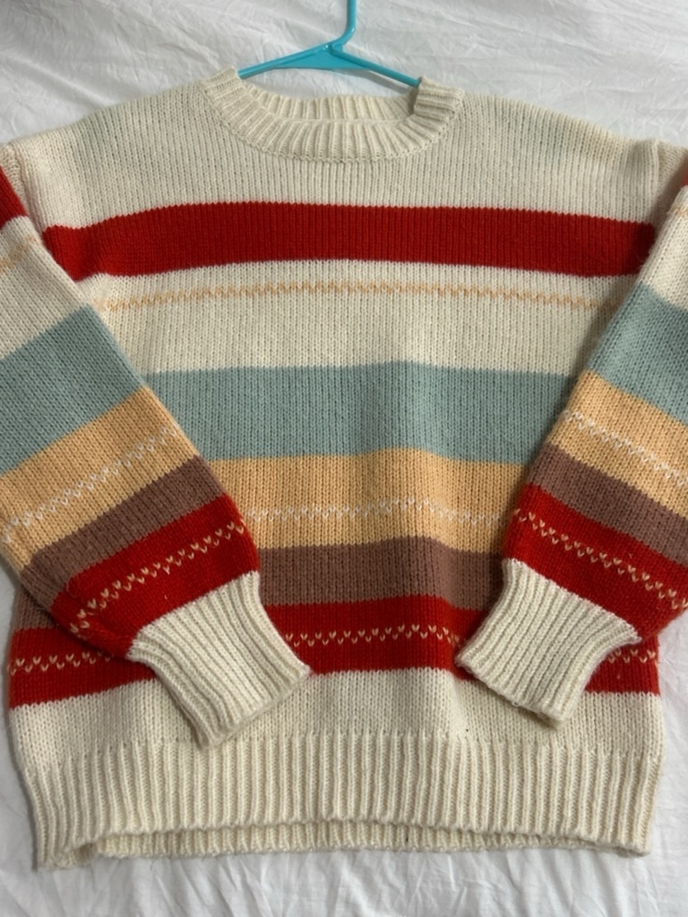 Cozy Striped Knit Sweater in Cream, Red, Blue and Earth Tones